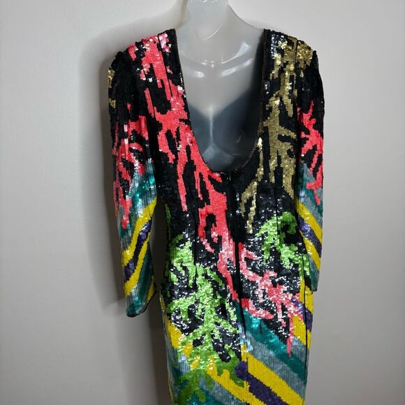 Vintage 80s fully Sequin beaded dress colorful abstract art to wear fits small - Picture 2 of 8